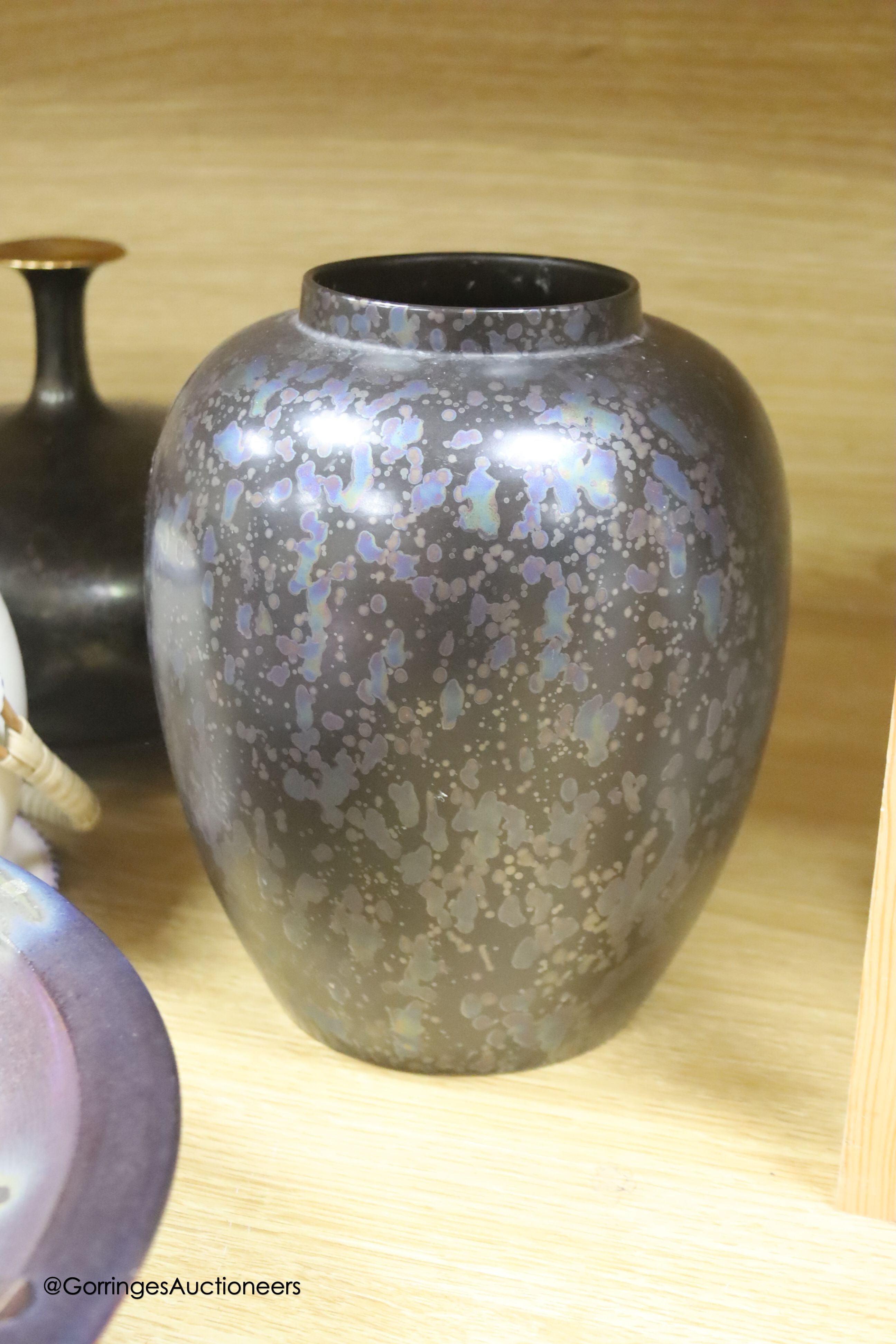 A Jane Woodford lustre pottery bowl and various mixed pottery, largest diameter 35cm